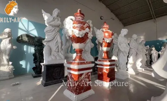 Großer handgeschnitzter Übertopf aus Naturstein für den Garten im Freien, Sonnenuntergangsroter Marmor-Medusa-Blumentopf